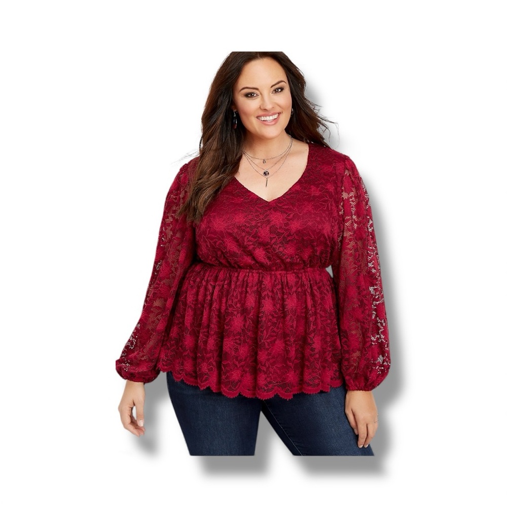 Maurices Women’s Lace Peplum Top Blouse V-Neck Long Sleeve Dressy Holiday Red XL